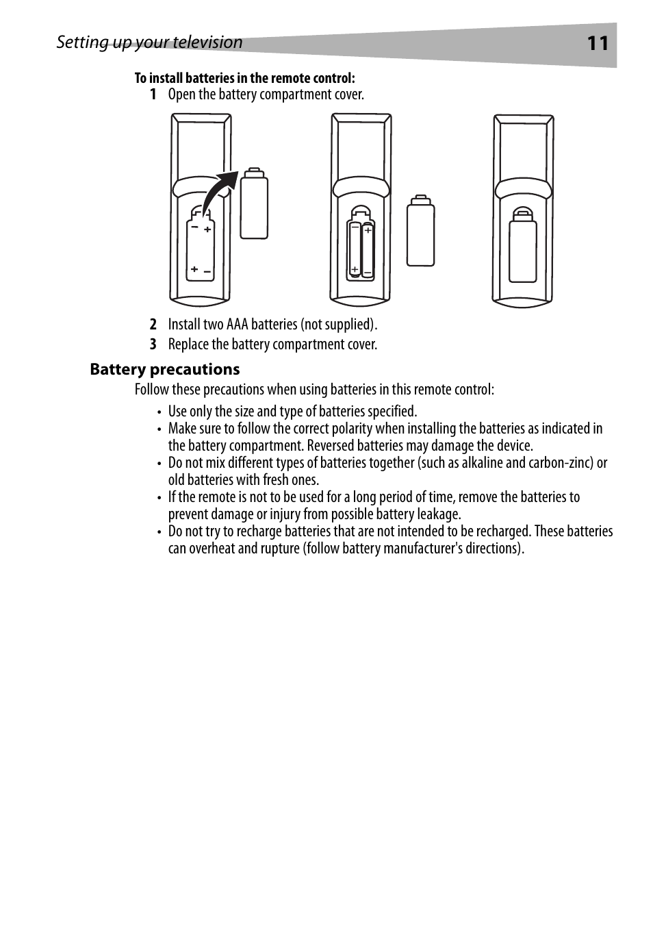 To install batteries in the remote control, Battery precautions | Dynex DX-R24TV User Manual | Page 11 / 142