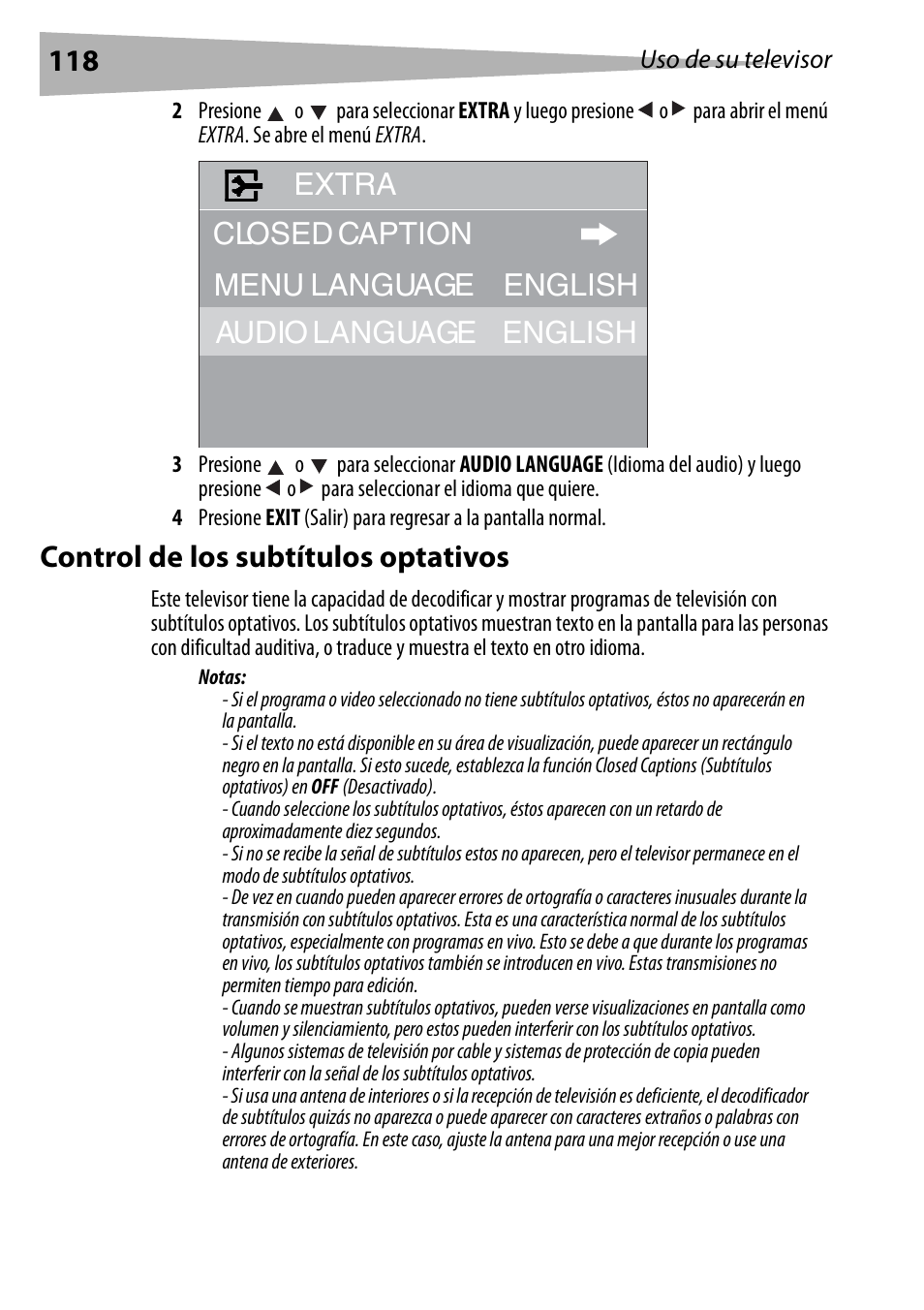 Control de los subtítulos optativos | Dynex DX-R24TV User Manual | Page 118 / 142