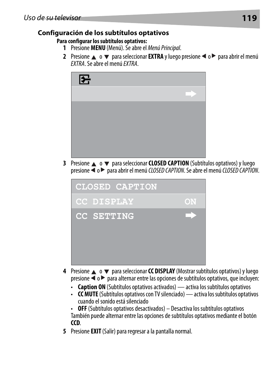 Configuración de los subtítulos optativos, Para configurar los subtítulos optativos | Dynex DX-R24TV User Manual | Page 119 / 142