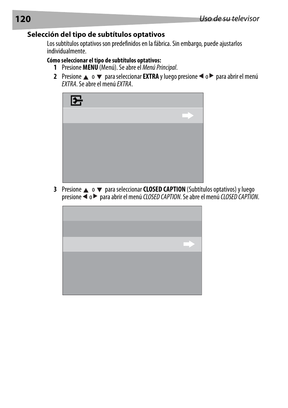 Selección del tipo de subtítulos optativos, Cómo seleccionar el tipo de subtítulos optativos | Dynex DX-R24TV User Manual | Page 120 / 142