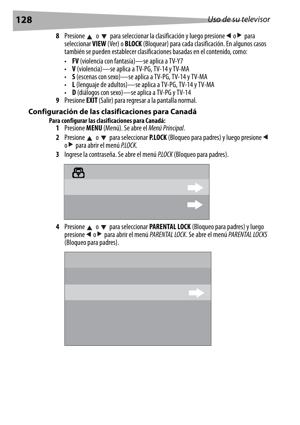 Configuración de las clasificaciones para canadá, Para configurar las clasificaciones para canadá, Parental lock p.lock change password lock parental | Ock ratings locks on | Dynex DX-R24TV User Manual | Page 128 / 142