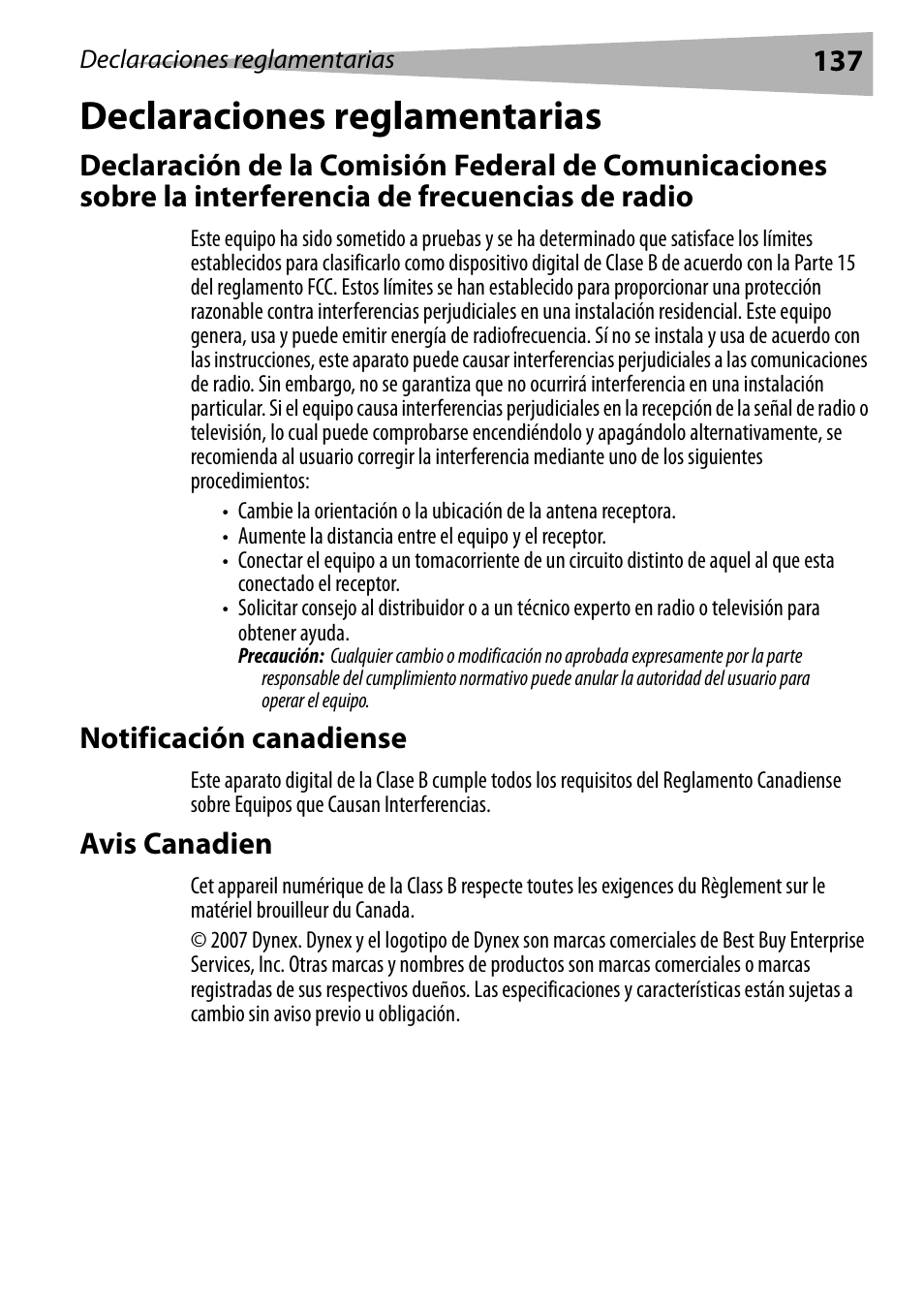 Declaraciones reglamentarias, Notificación canadiense, Avis canadien | Dynex DX-R24TV User Manual | Page 137 / 142