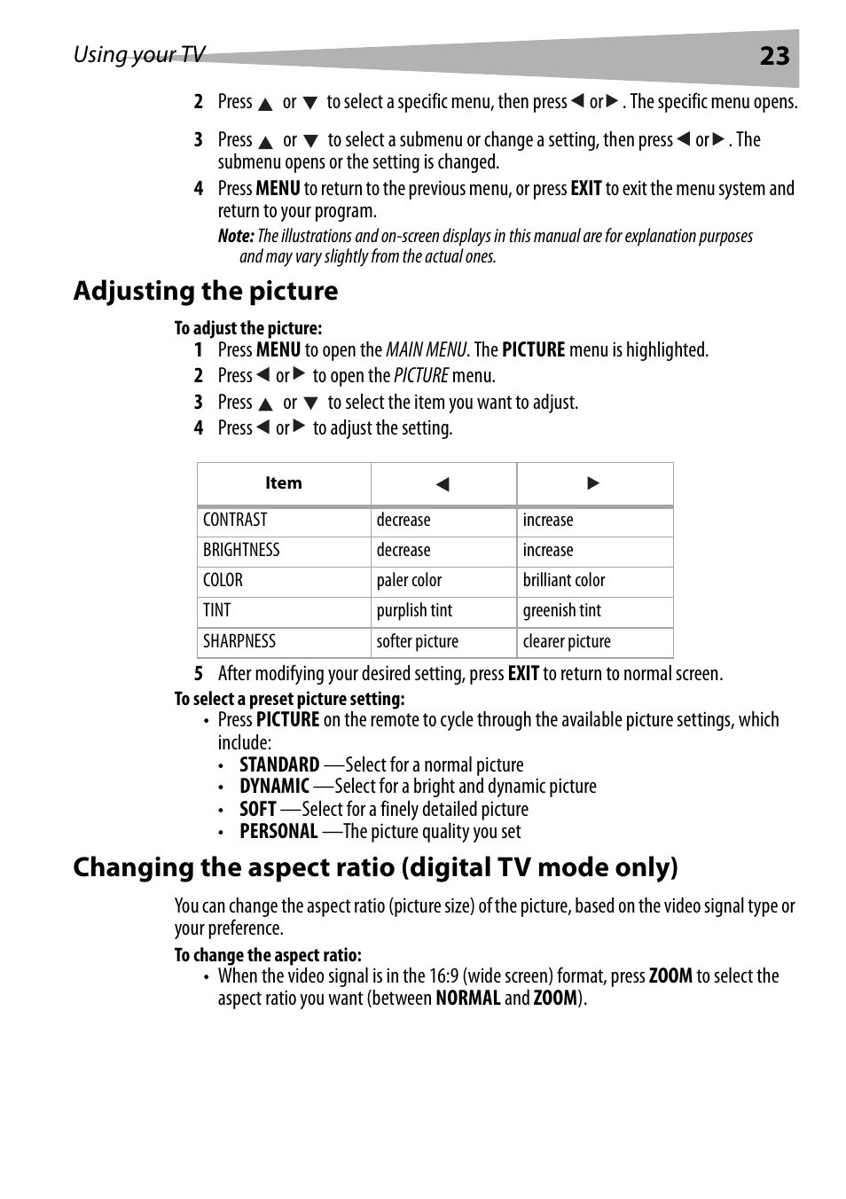 Adjusting the picture, To adjust the picture, To select a preset picture setting | Changing the aspect ratio (digital tv mode only), To change the aspect ratio, Using your tv | Dynex DX-R24TV User Manual | Page 23 / 142