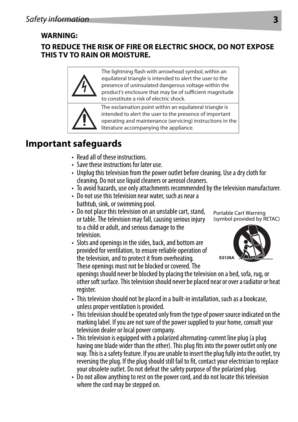 Warning, Important safeguards | Dynex DX-R24TV User Manual | Page 3 / 142