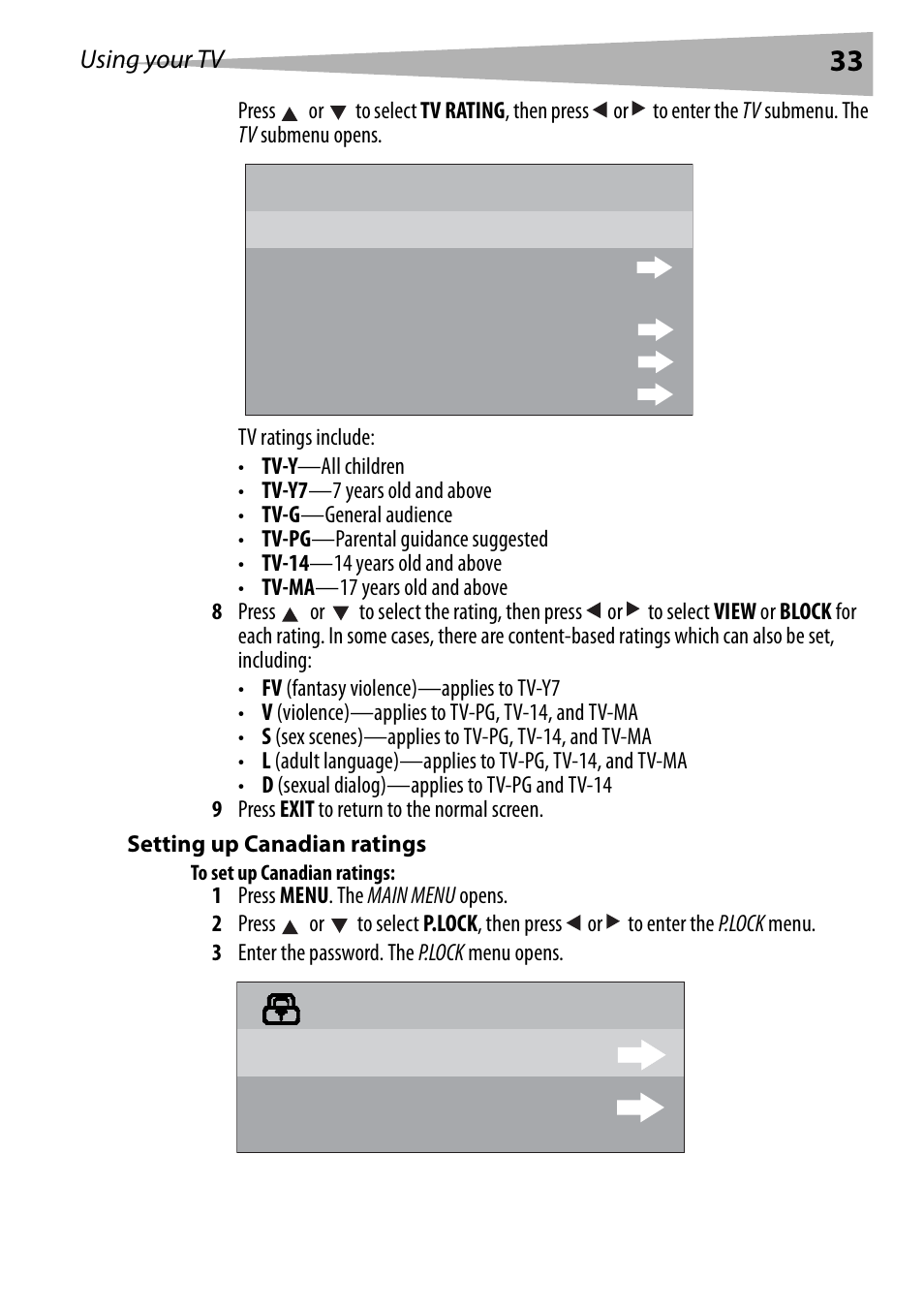 Setting up canadian ratings, To set up canadian ratings | Dynex DX-R24TV User Manual | Page 33 / 142