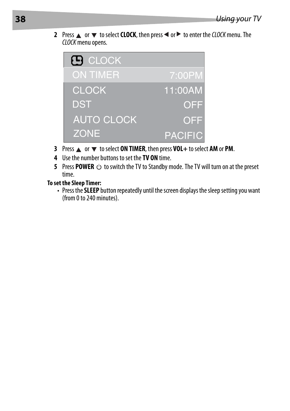 To set the sleep timer, Clock | Dynex DX-R24TV User Manual | Page 38 / 142