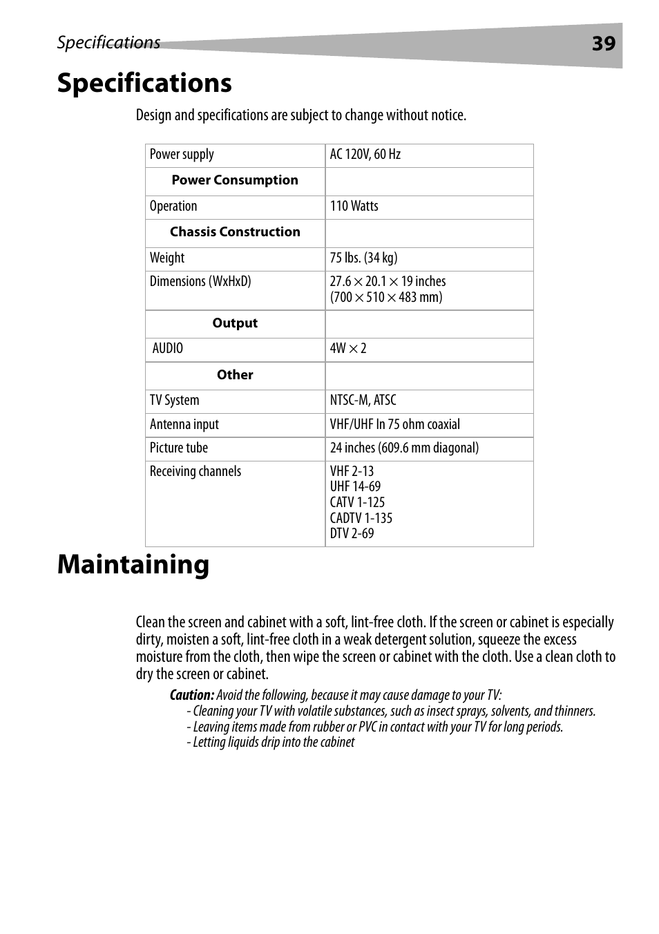 Specifications, Maintaining, Cleaning your tv | Dynex DX-R24TV User Manual | Page 39 / 142