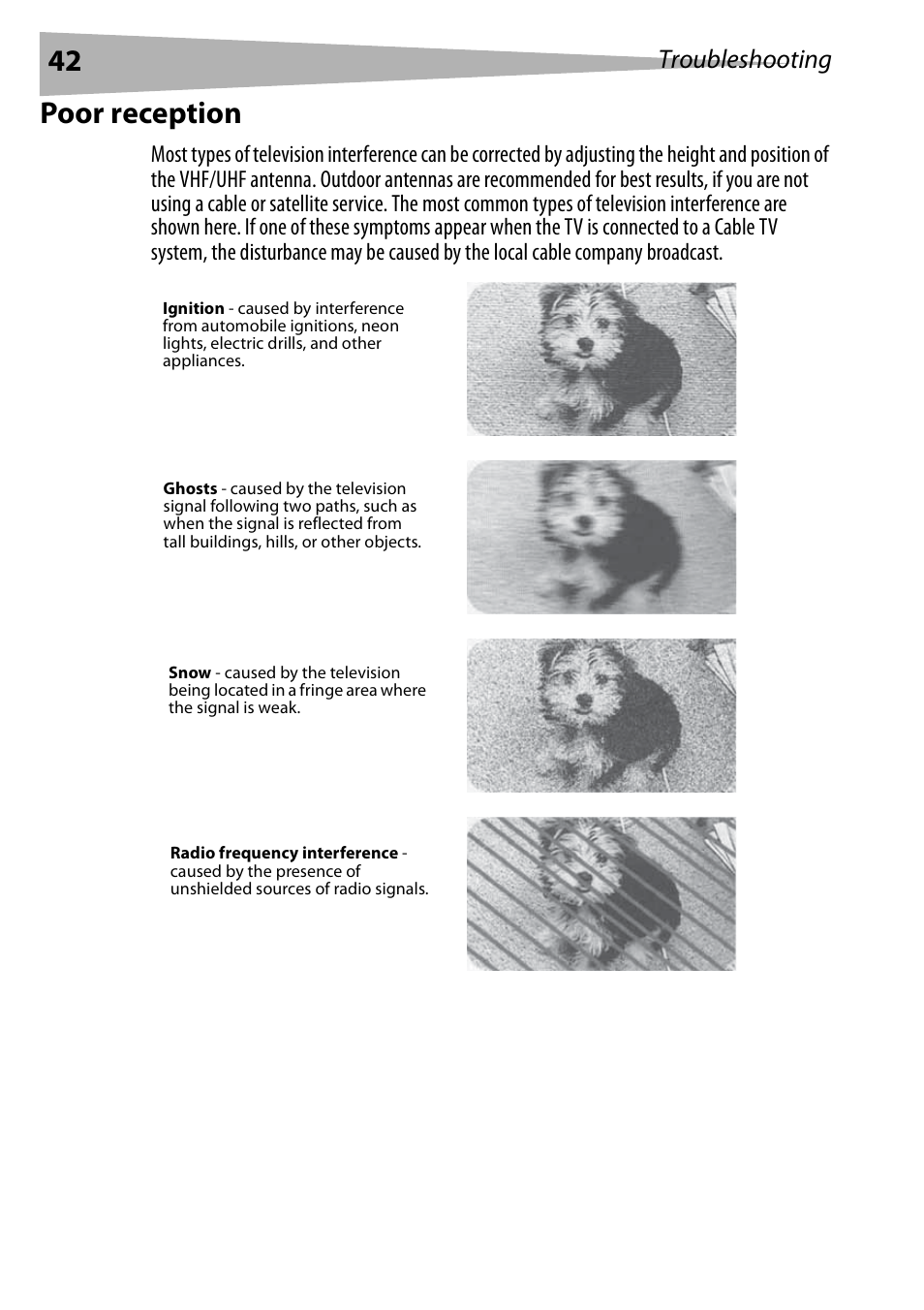 Poor reception, Troubleshooting | Dynex DX-R24TV User Manual | Page 42 / 142