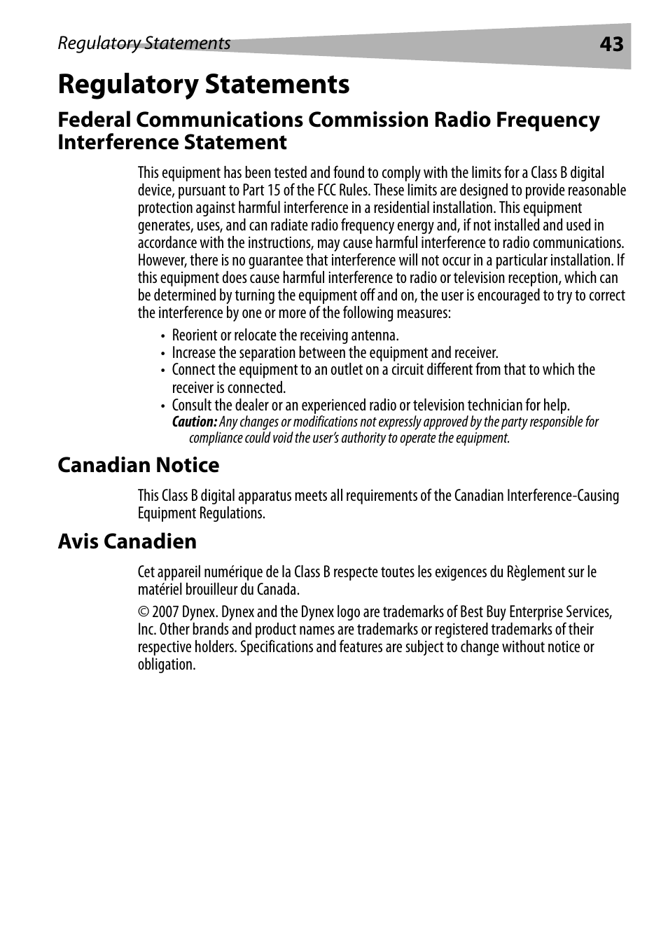 Regulatory statements, Canadian notice, Avis canadien | Dynex DX-R24TV User Manual | Page 43 / 142