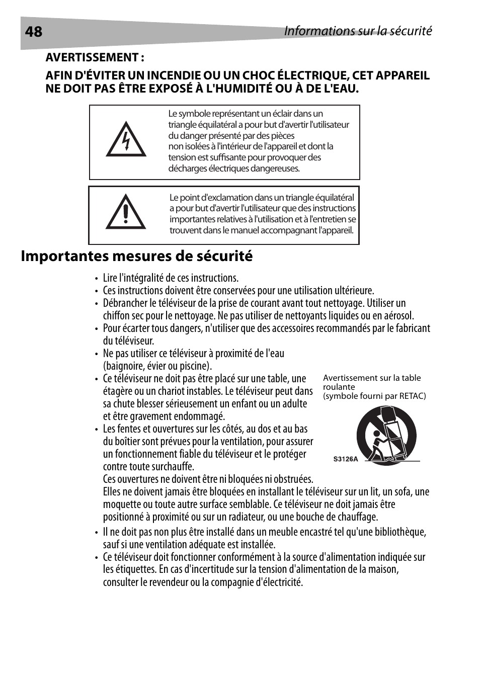 Avertissement, Importantes mesures de sécurité | Dynex DX-R24TV User Manual | Page 48 / 142