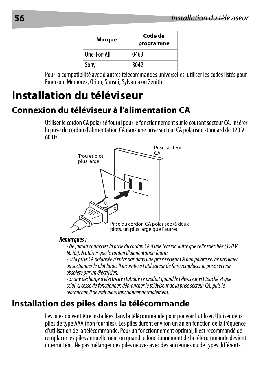 Installation du téléviseur, Connexion du téléviseur à l'alimentation ca, Installation des piles dans la télécommande | Dynex DX-R24TV User Manual | Page 56 / 142