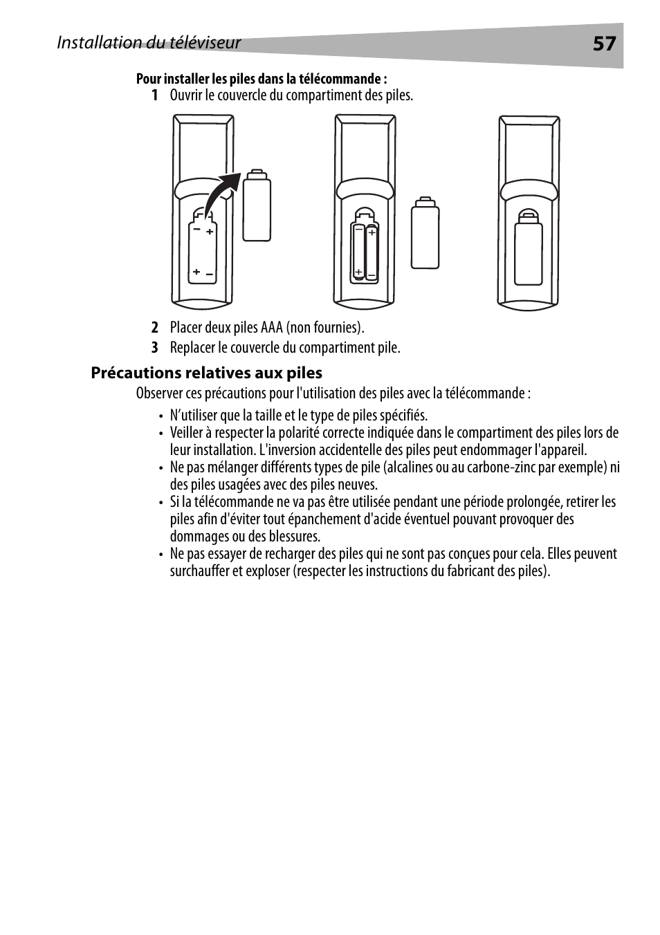 Pour installer les piles dans la télécommande, Précautions relatives aux piles | Dynex DX-R24TV User Manual | Page 57 / 142