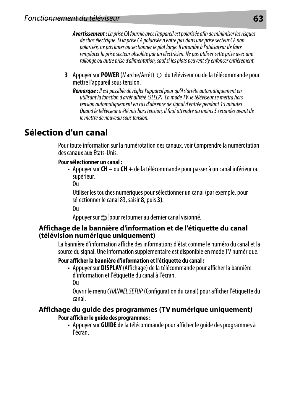 Sélection d'un canal, Pour sélectionner un canal, Pour afficher le guide des programmes | Dynex DX-R24TV User Manual | Page 63 / 142