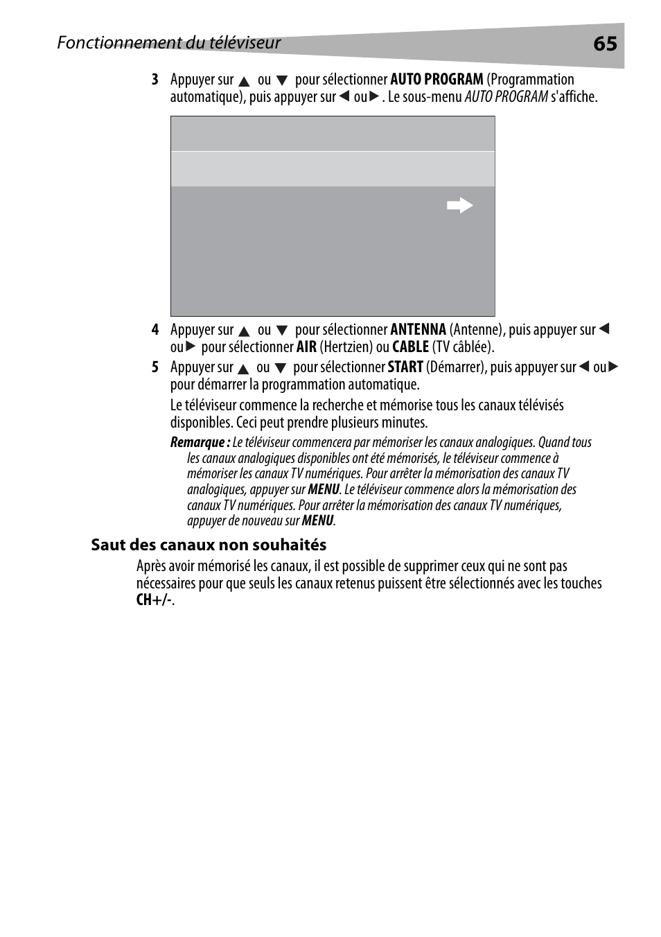 Saut des canaux non souhaités, Antenna start au to program air | Dynex DX-R24TV User Manual | Page 65 / 142