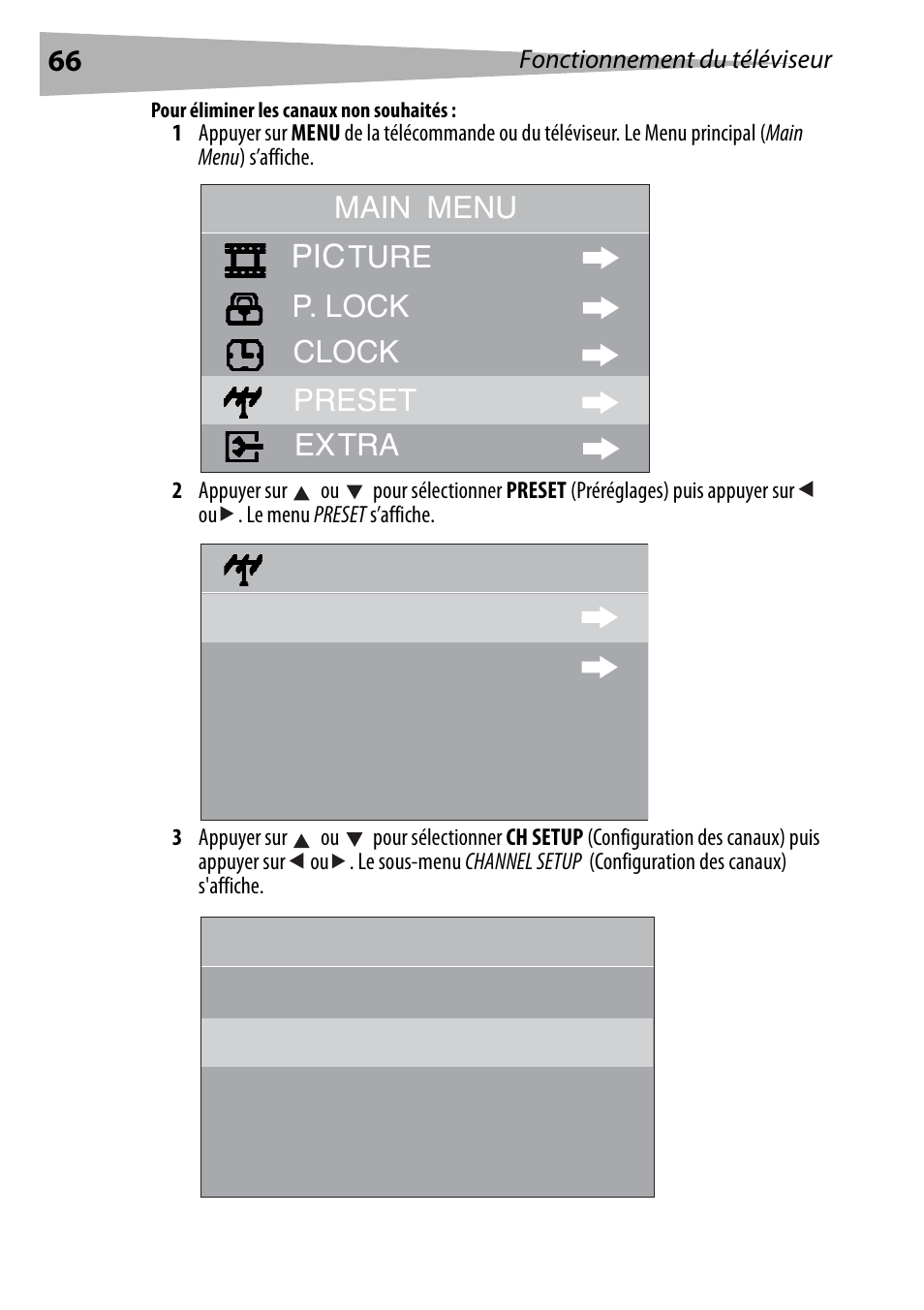 Pour éliminer les canaux non souhaités, Main menu | Dynex DX-R24TV User Manual | Page 66 / 142