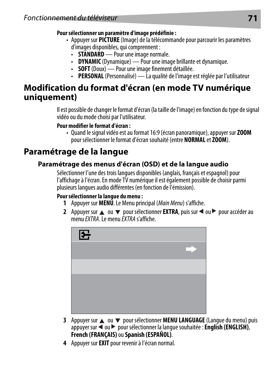 Pour sélectionner un paramètre d'image prédéfinie, Pour modifier le format d'écran, Paramétrage de la langue | Pour sélectionner la langue du menu | Dynex DX-R24TV User Manual | Page 71 / 142