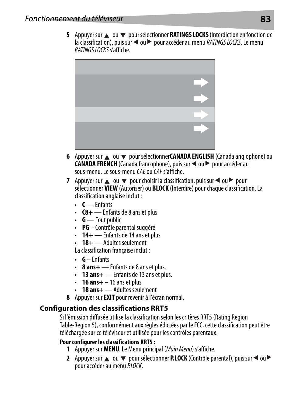 Configuration des classifications rrt5, Pour configurer les classifications rrt5 | Dynex DX-R24TV User Manual | Page 83 / 142