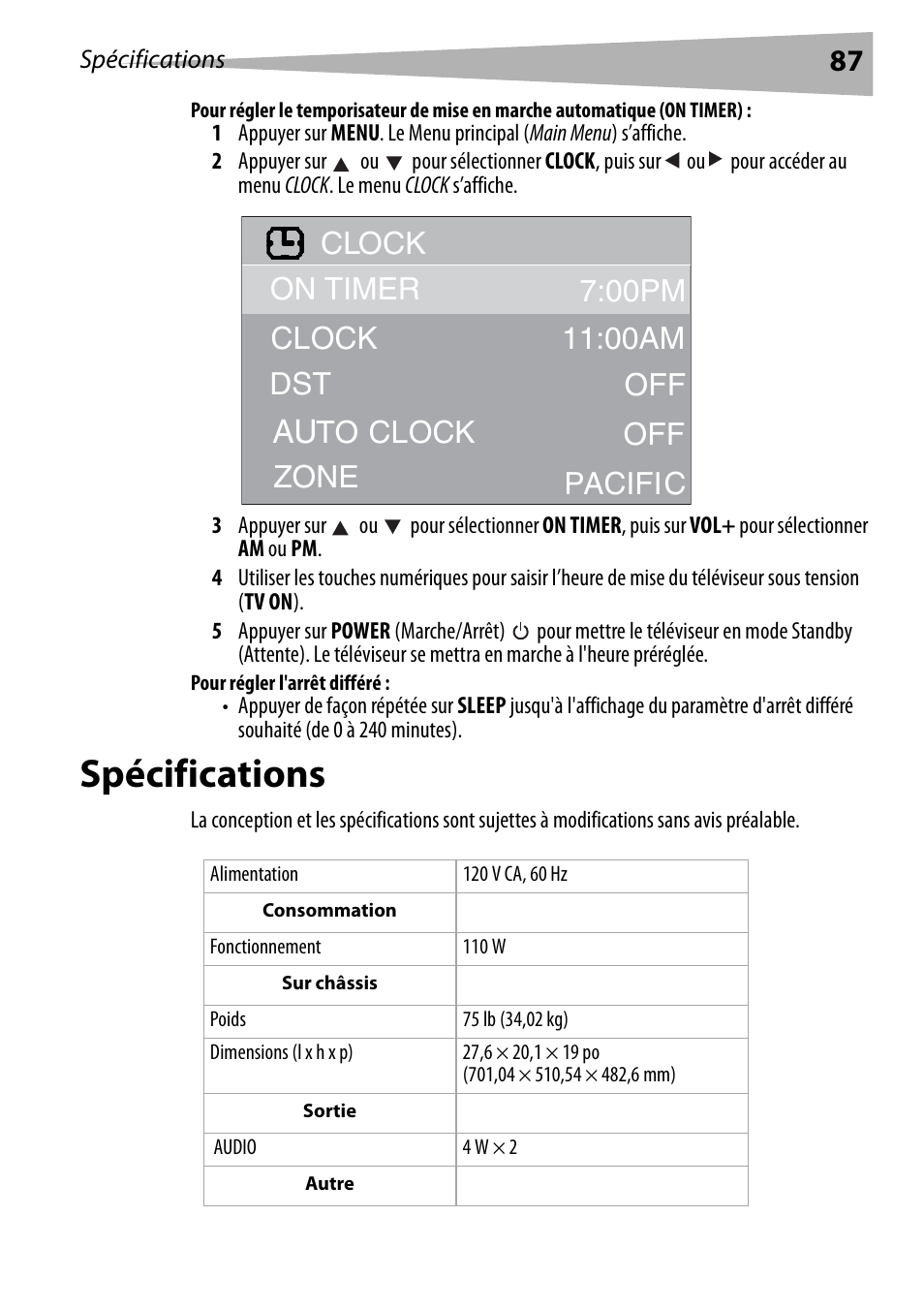 Pour régler l'arrêt différé, Spécifications, Clock | Dynex DX-R24TV User Manual | Page 87 / 142