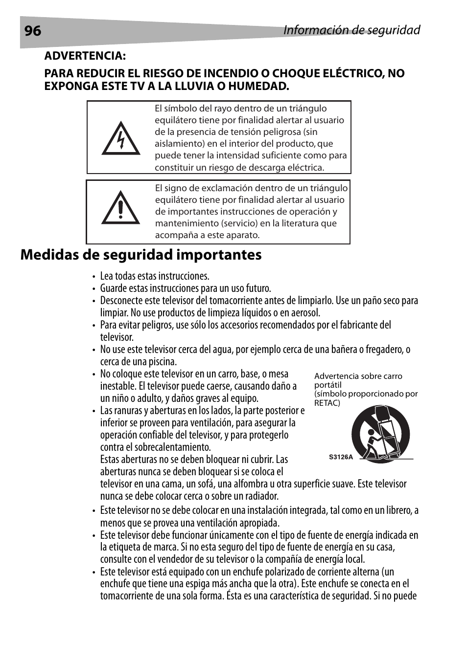 Advertencia, Medidas de seguridad importantes | Dynex DX-R24TV User Manual | Page 96 / 142