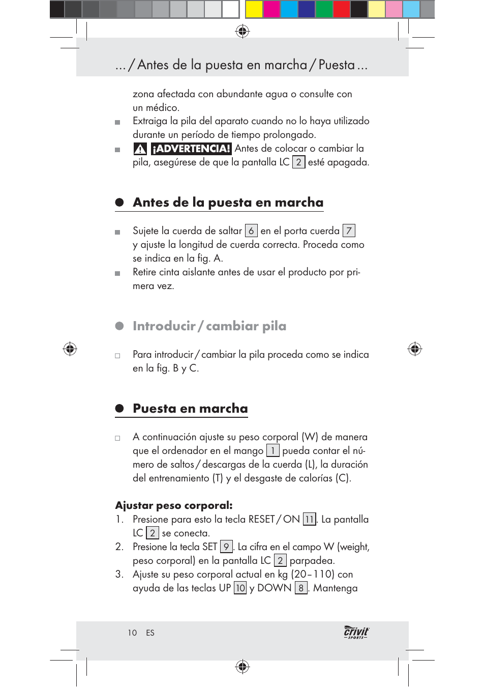 Antes de la puesta en marcha / puesta, Antes de la puesta en marcha, Introducir / cambiar pila | Puesta en marcha | Crivit Z31037 User Manual | Page 10 / 47