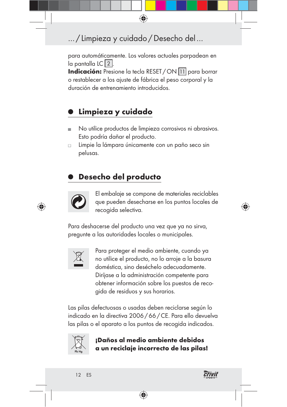 Limpieza y cuidado / desecho del, Limpieza y cuidado, Desecho del producto | Crivit Z31037 User Manual | Page 12 / 47