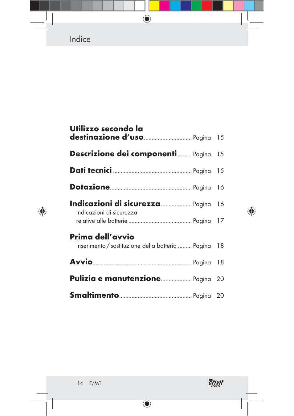 Indice | Crivit Z31037 User Manual | Page 14 / 47