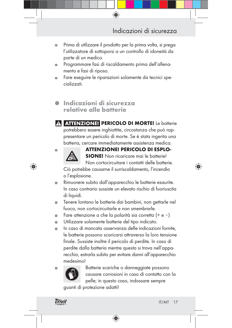 Indicazioni di sicurezza, Indicazioni di sicurezza relative alle batterie | Crivit Z31037 User Manual | Page 17 / 47