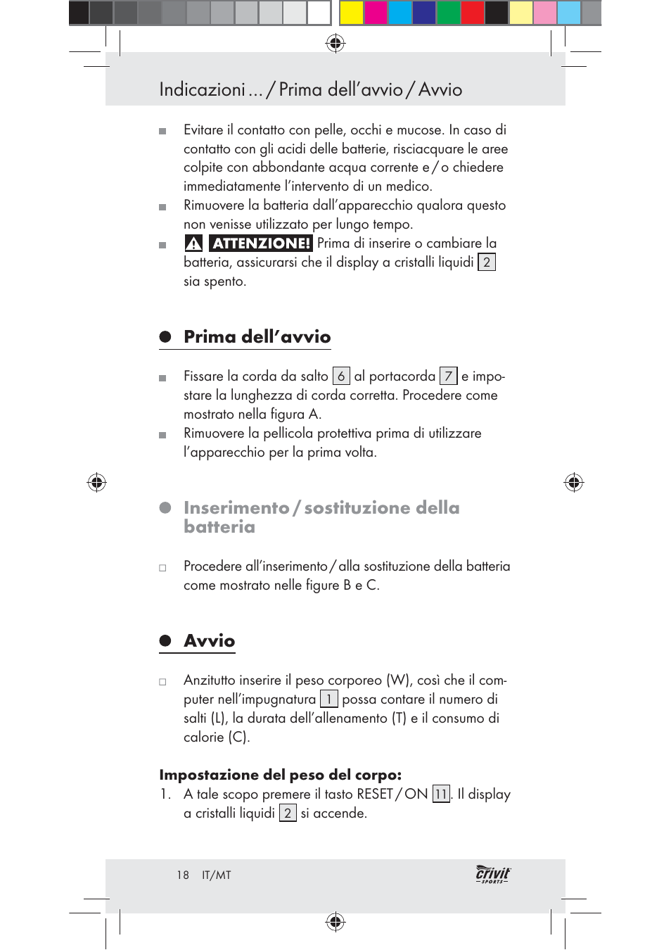 Indicazioni … / prima dell’avvio / avvio, Prima dell’avvio, Inserimento / sostituzione della batteria | Avvio | Crivit Z31037 User Manual | Page 18 / 47