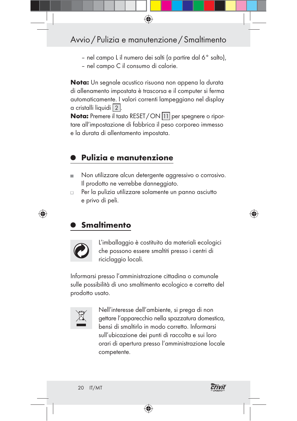 Avvio / pulizia e manutenzione / smaltimento, Pulizia e manutenzione, Smaltimento | Crivit Z31037 User Manual | Page 20 / 47