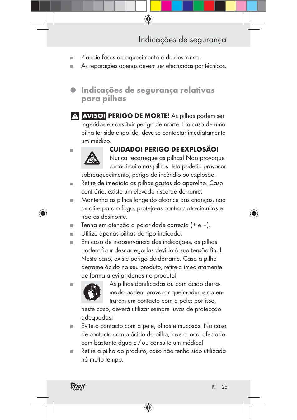 Indicações de segurança, Indicações de segurança relativas para pilhas | Crivit Z31037 User Manual | Page 25 / 47