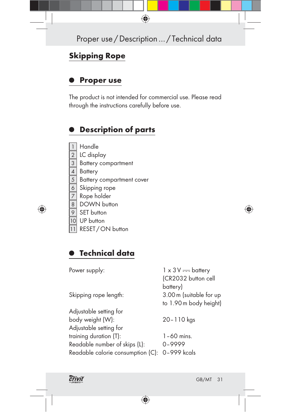 Proper use / description … / technical data, Skipping rope proper use, Description of parts | Technical data | Crivit Z31037 User Manual | Page 31 / 47