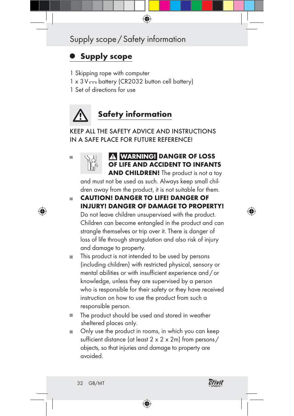 Supply scope / safety information, Supply scope, Safety information | Crivit Z31037 User Manual | Page 32 / 47