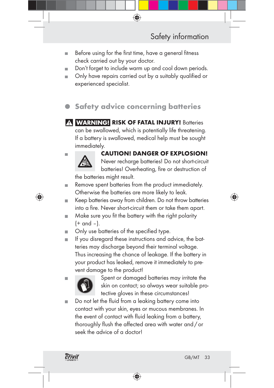 Safety information, Safety advice concerning batteries | Crivit Z31037 User Manual | Page 33 / 47