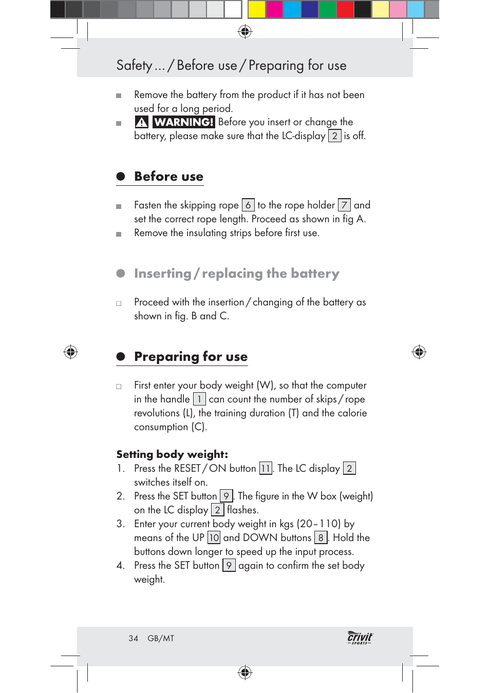 Safety … / before use / preparing for use, Before use, Inserting / replacing the battery | Preparing for use | Crivit Z31037 User Manual | Page 34 / 47
