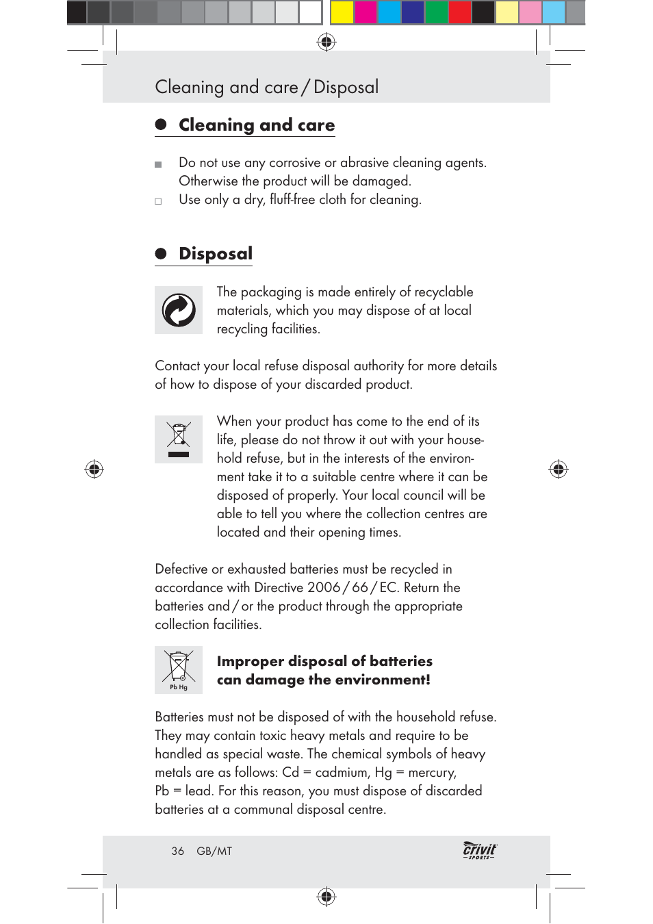 Cleaning and care / disposal, Cleaning and care, Disposal | Crivit Z31037 User Manual | Page 36 / 47