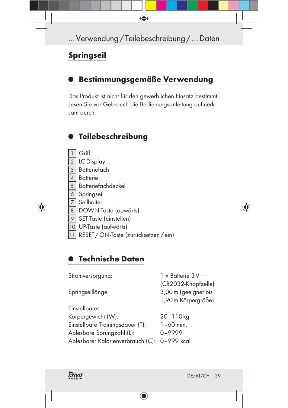Verwendung / teilebeschreibung / … daten, Springseil bestimmungsgemäße verwendung, Teilebeschreibung | Technische daten | Crivit Z31037 User Manual | Page 39 / 47