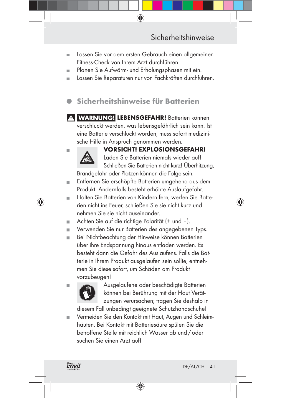 Sicherheitshinweise, Sicherheitshinweise für batterien | Crivit Z31037 User Manual | Page 41 / 47