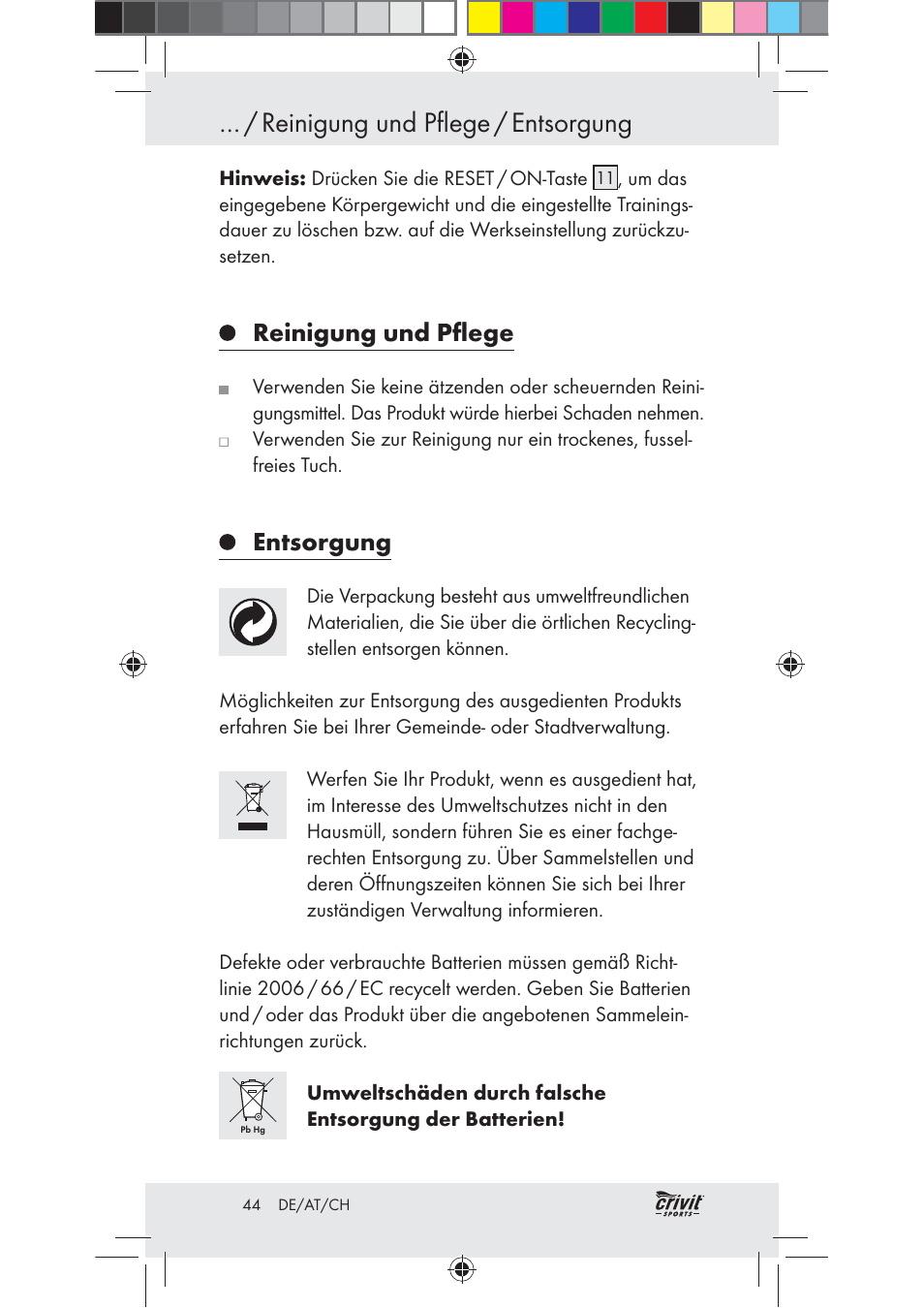 Reinigung und pflege / entsorgung, Reinigung und pﬂege, Entsorgung | Crivit Z31037 User Manual | Page 44 / 47