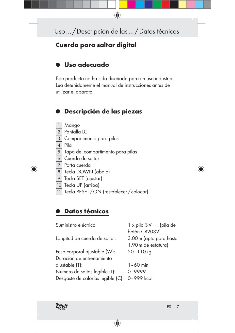 Uso … / descripción de las … / datos técnicos, Cuerda para saltar digital uso adecuado, Descripción de las piezas | Datos técnicos | Crivit Z31037 User Manual | Page 7 / 47