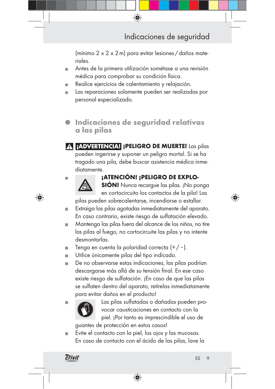 Indicaciones de seguridad, Indicaciones de seguridad relativas a las pilas | Crivit Z31037 User Manual | Page 9 / 47