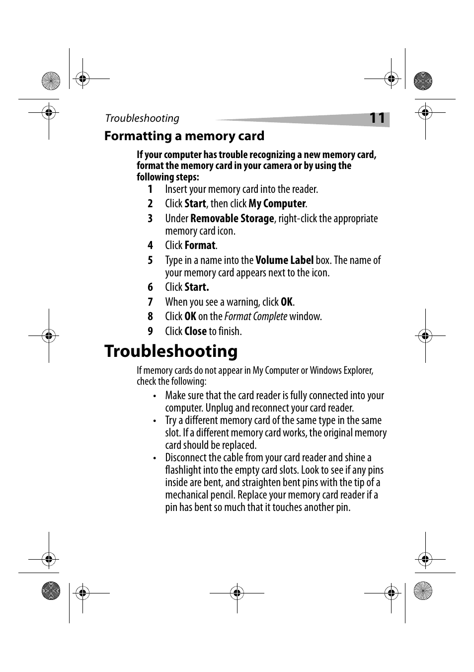 Formatting a memory card, Troubleshooting | Dynex DX-CRCF12 User Manual | Page 11 / 50