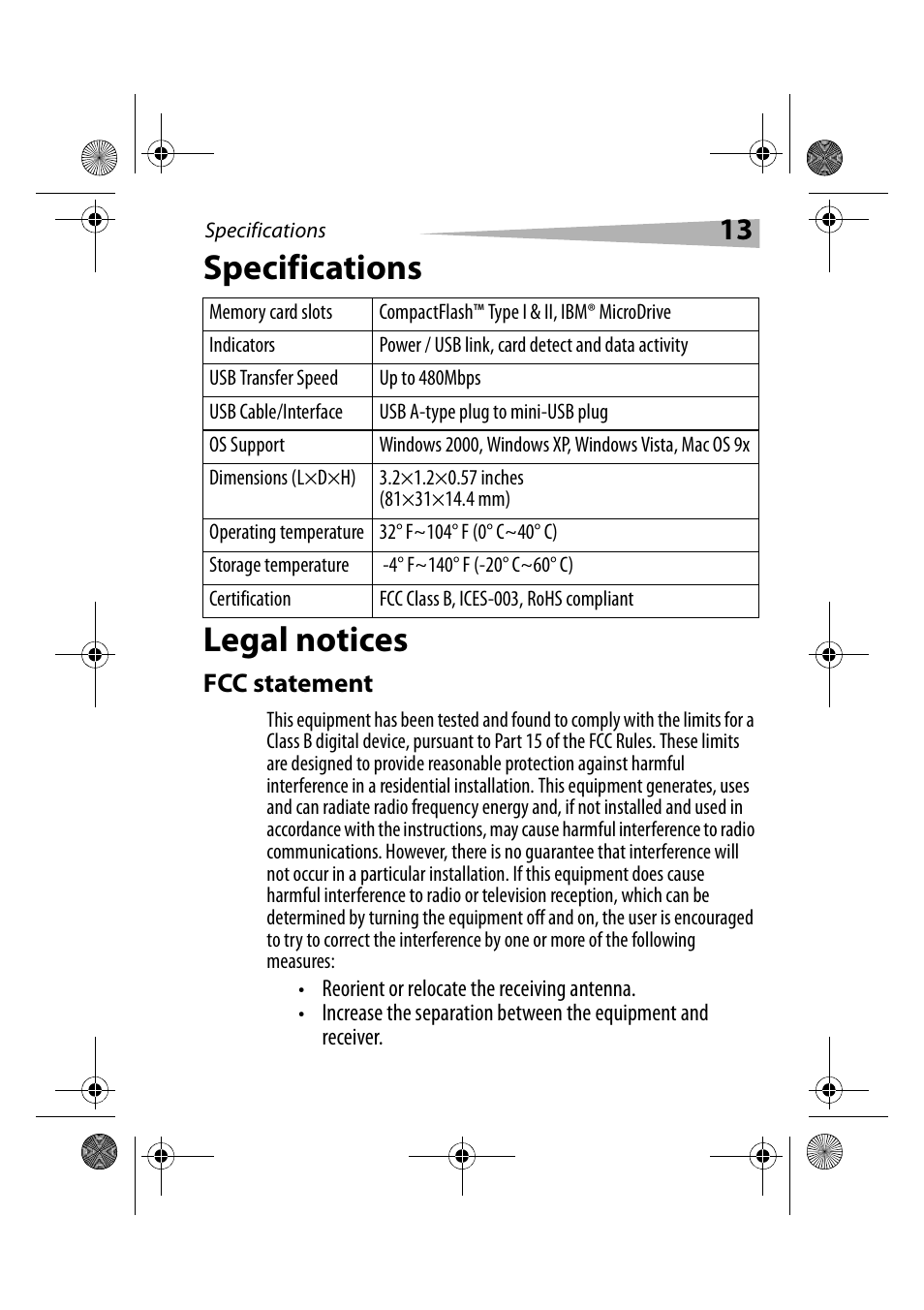 Specifications, Legal notices, Fcc statement | Specifications legal notices | Dynex DX-CRCF12 User Manual | Page 13 / 50