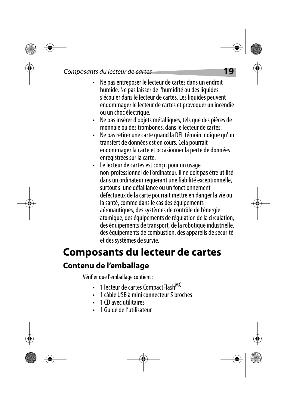 Composants du lecteur de cartes, Contenu de l’emballage | Dynex DX-CRCF12 User Manual | Page 19 / 50