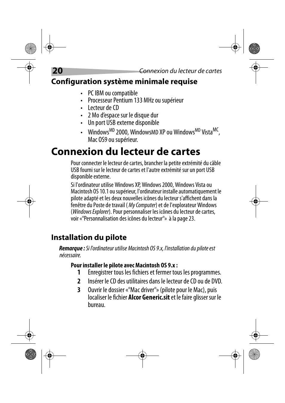 Configuration système minimale requise, Connexion du lecteur de cartes, Installation du pilote | Pour installer le pilote avec macintosh os 9.x | Dynex DX-CRCF12 User Manual | Page 20 / 50