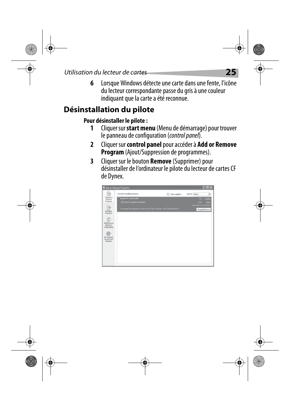 Désinstallation du pilote, Pour désinstaller le pilote | Dynex DX-CRCF12 User Manual | Page 25 / 50