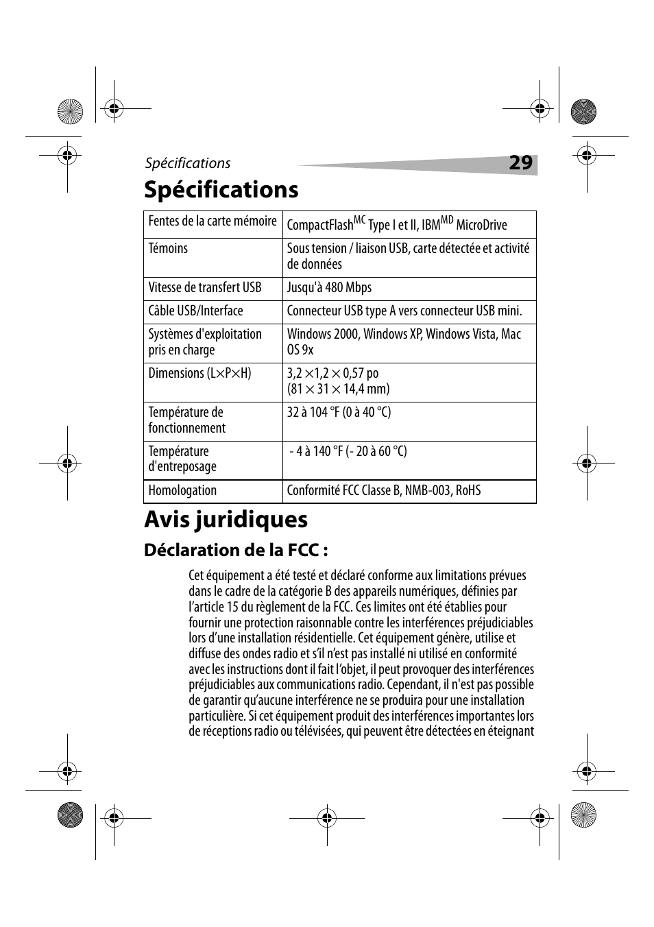 Spécifications, Avis juridiques, Déclaration de la fcc | Spécifications avis juridiques | Dynex DX-CRCF12 User Manual | Page 29 / 50