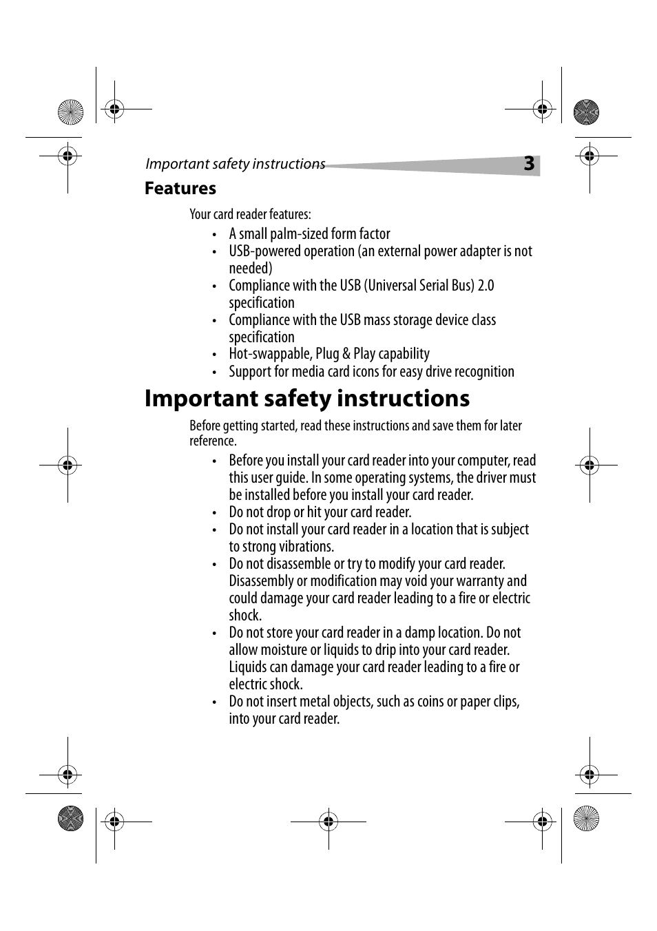 Features, Important safety instructions | Dynex DX-CRCF12 User Manual | Page 3 / 50