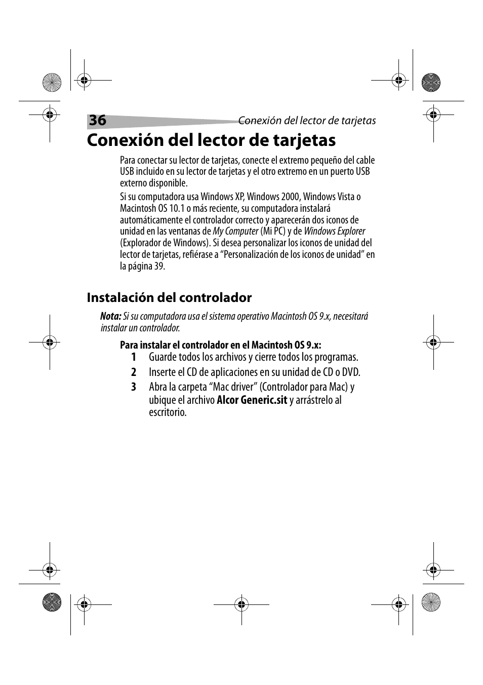 Conexión del lector de tarjetas, Instalación del controlador | Dynex DX-CRCF12 User Manual | Page 36 / 50