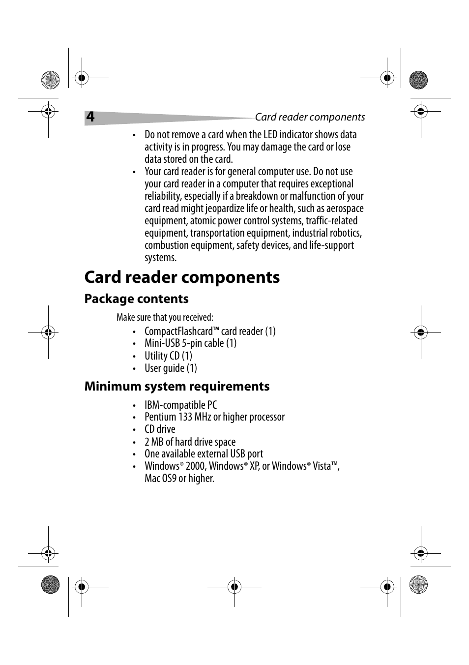 Card reader components, Package contents, Minimum system requirements | Dynex DX-CRCF12 User Manual | Page 4 / 50