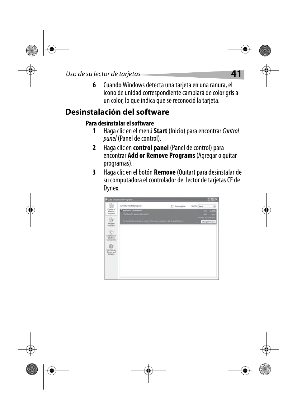 Desinstalación del software, Para desinstalar el software | Dynex DX-CRCF12 User Manual | Page 41 / 50